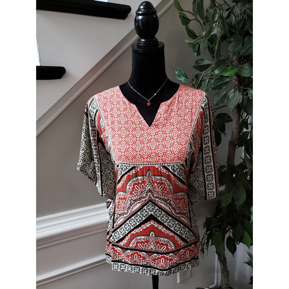 Cato‎ Blouse Women M Red White Black Geometric Print Boho Rayon Cotton Top